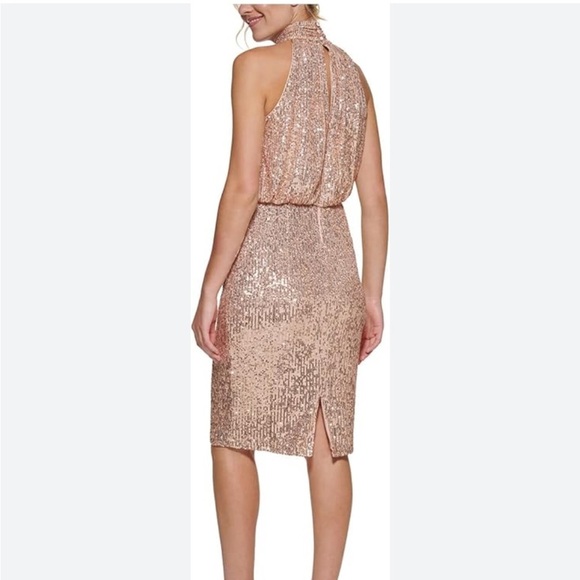 Elegant Rose Gold Sequined Mock Neck Sleeveless Dress- Size 6 - Picture 2 of 11